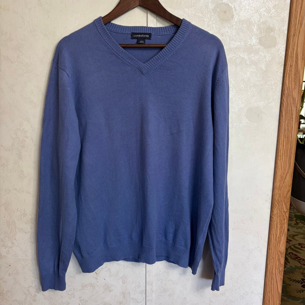 Lands' End Men's V-Neck Sweater Blue Cotton Cashmere Blend Lux Knit Preppy L